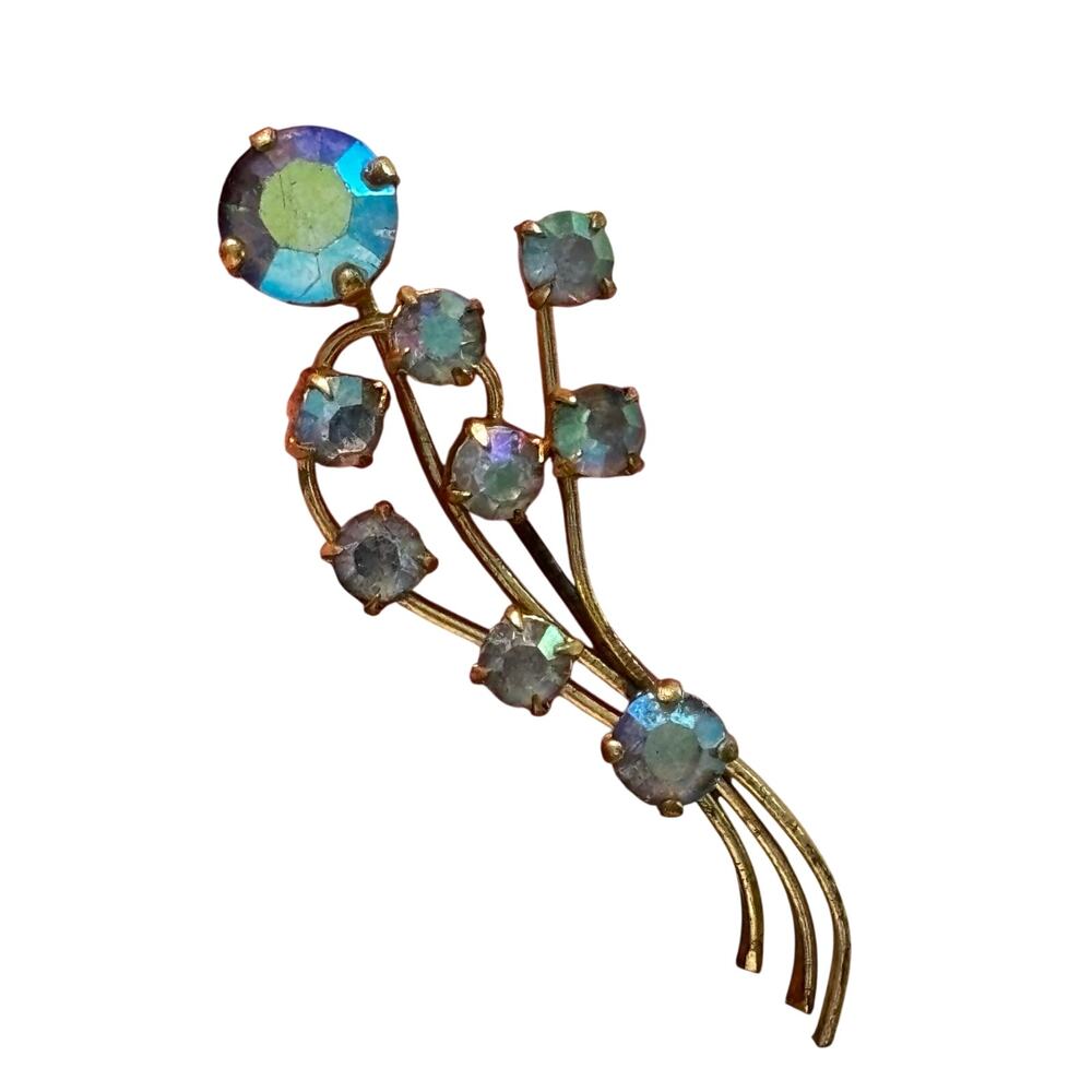Vintage gold plated brooch signed Germany floral shape blue AB finish crystals